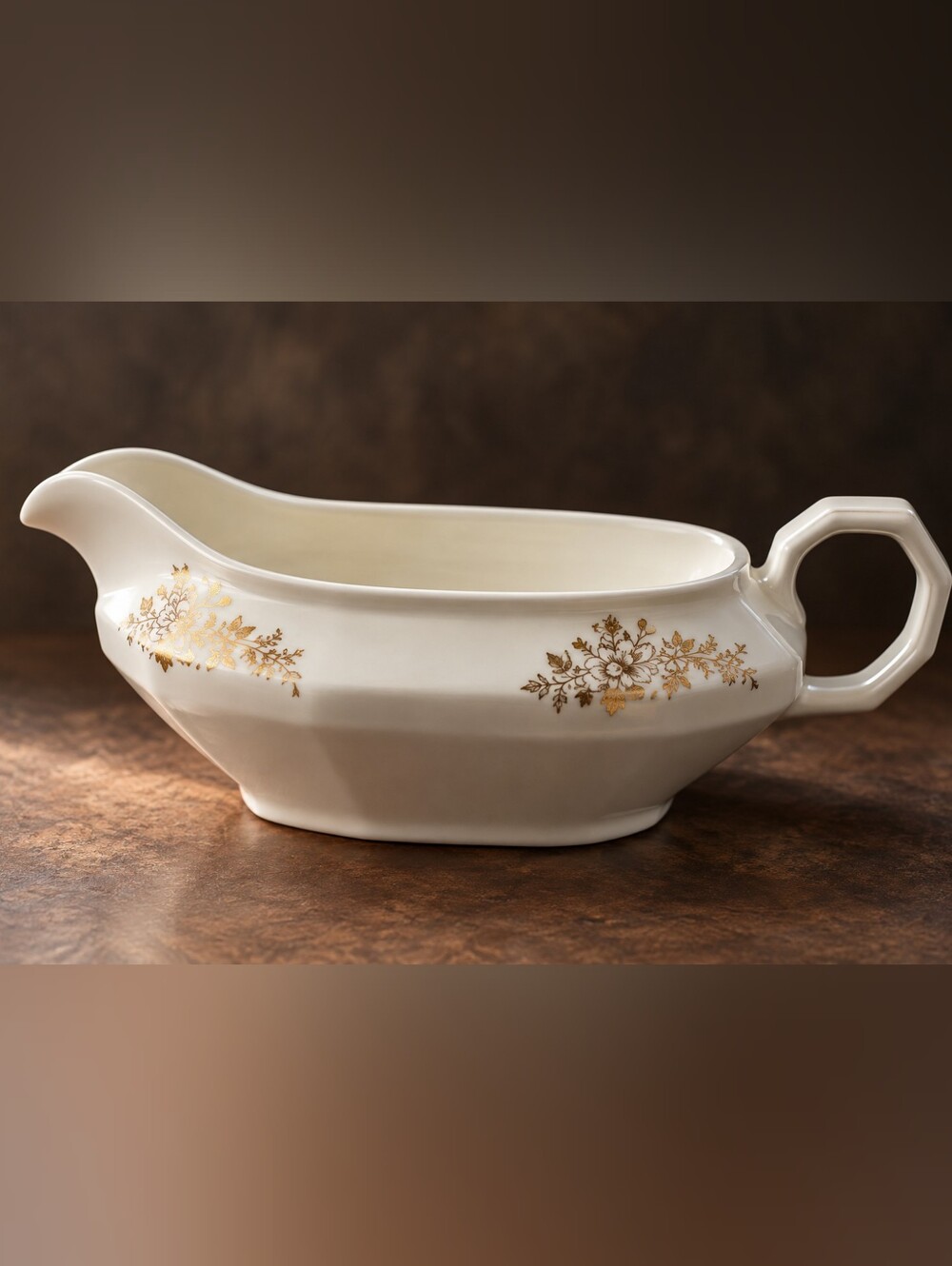 Vintage Edwin M Knowles Ivory Gravy Boat Gold Floral China Sauce Boat 1920s